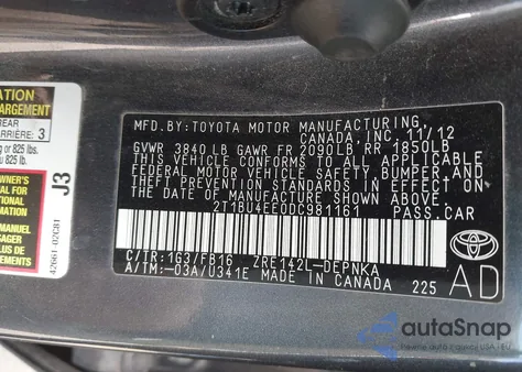 2013 Toyota Corolla Le from USA, damaged, VIN 2T1BU4EE0DC981161